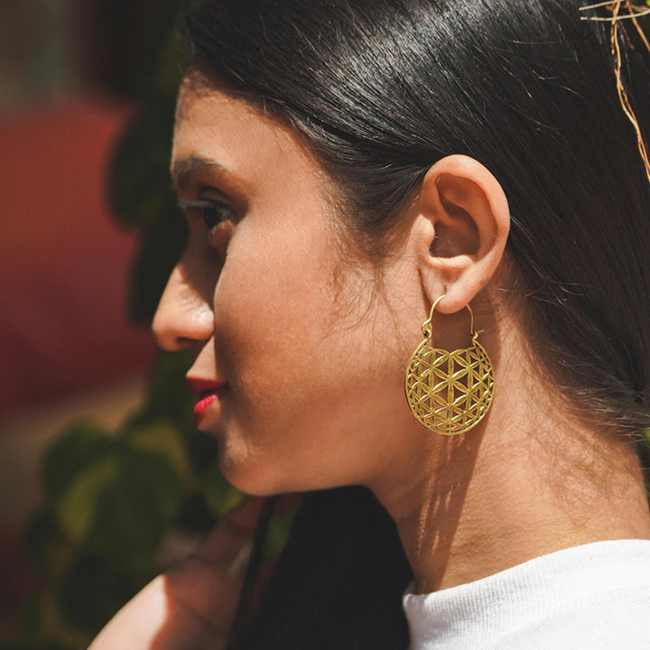 Handmade Brass Modern Hoop Earrings - Floral Pattern