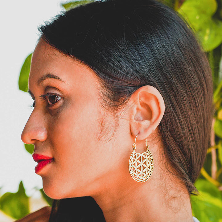 Handmade Brass Modern Hoop Earrings - Floral Pattern