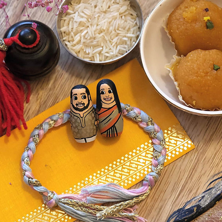 Photo Customized Wooden Siblings Rakhi with Roli Chawal - 2 Dolls