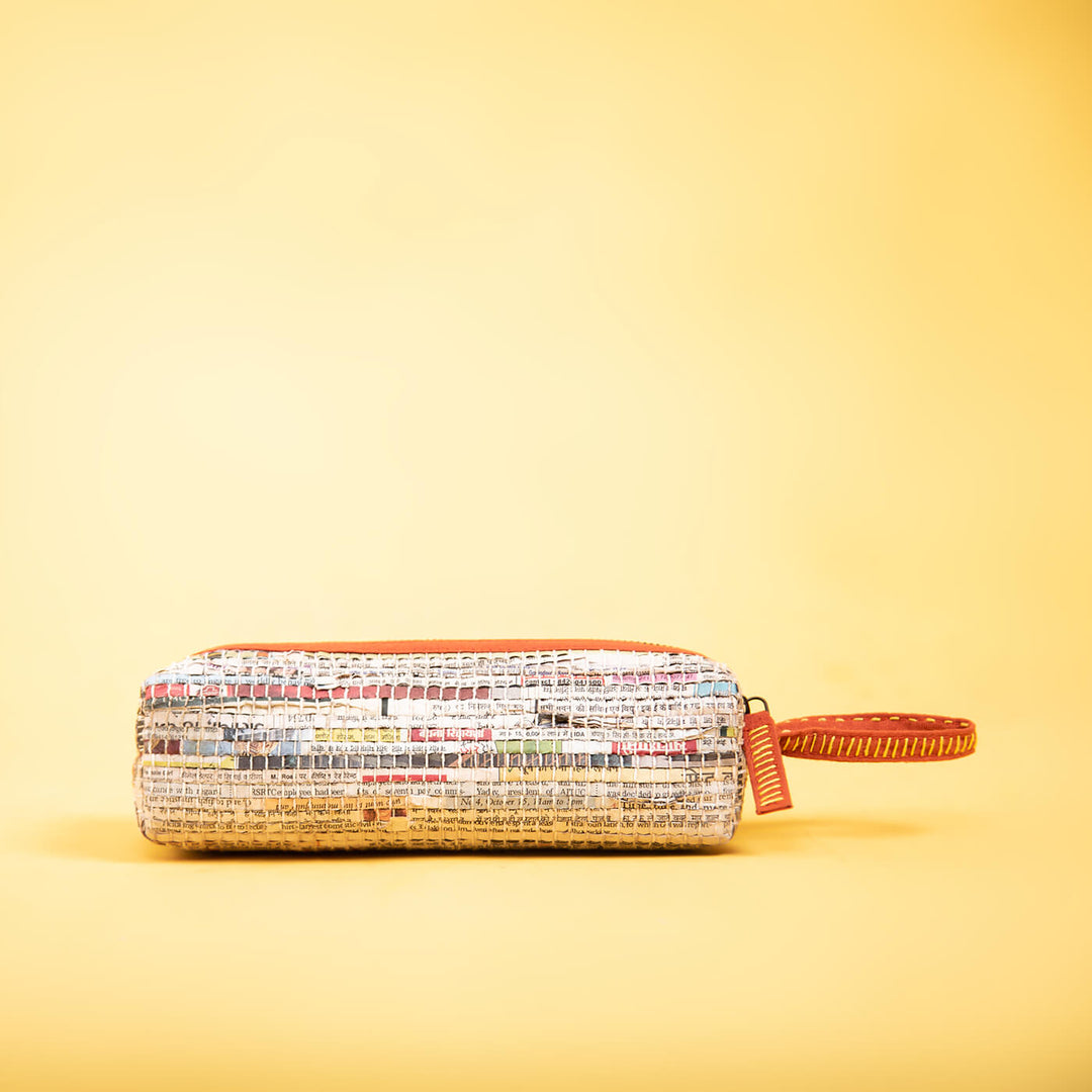 Handwoven Newspaper Pencil Pouch - Orange