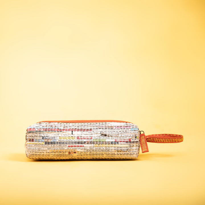 Handwoven Newspaper Pencil Pouch - Orange