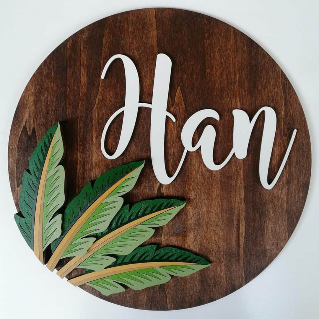 Painted Nameboard For Kids Tropical Leaves - Front View with Leaf Detail