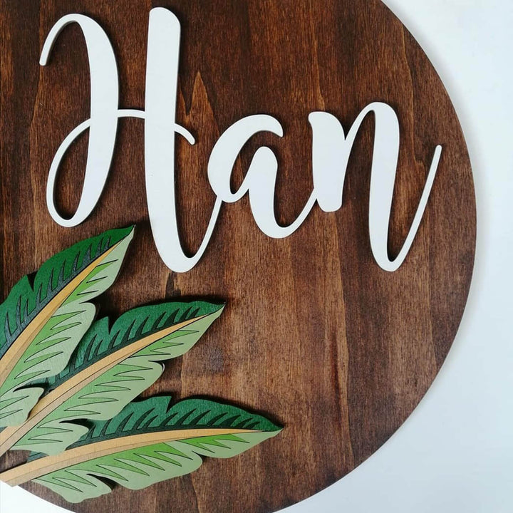 Painted Nameboard For Kids Tropical Leaves - Close-up of Name Personalization