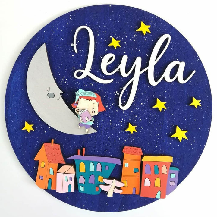 Quirky Painted Nameboard for Kids - Moon Night Theme