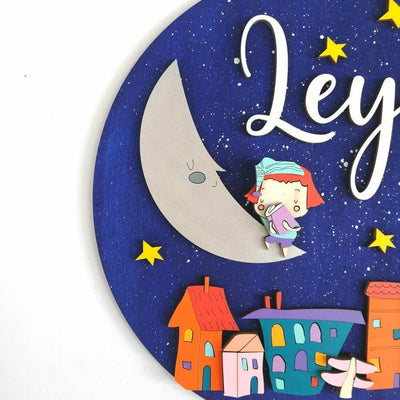 Quirky Painted Nameboard for Kids - Moon Night Theme