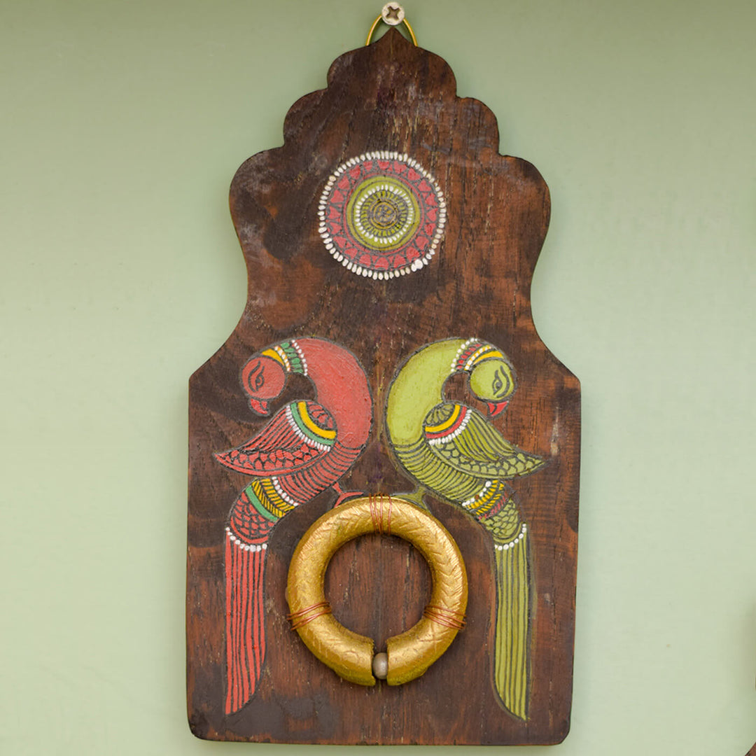 Handpainted Peacock Pattachitra Wooden Wall Art with Brass Ornament - Red Green