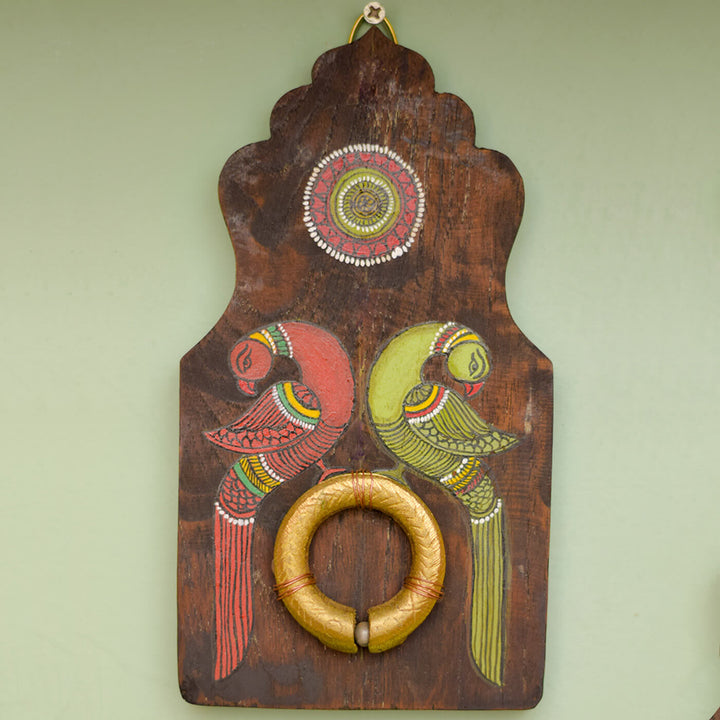 Handpainted Peacock Pattachitra Wooden Wall Art with Brass Ornament - Red Green