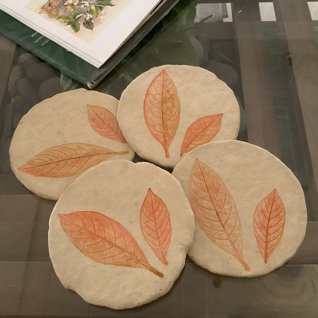 Handcrafted Leaf Imprint Coasters - Orange Twins