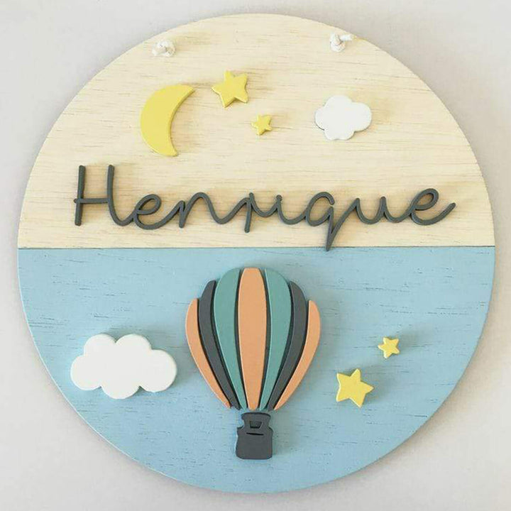 Painted Nameboard For Kids Air Balloon Theme - Front View Name Personalization Example