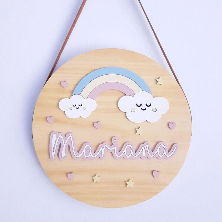 Quirky Painted Nameboard For Kids Cute Clouds Rainbow 1 - Hanging Front View with Personalization