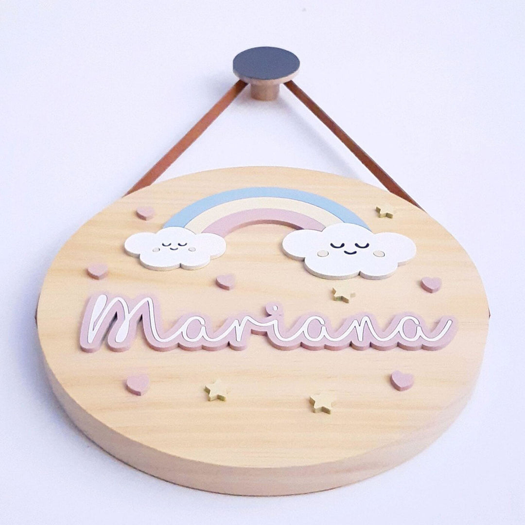 Quirky Painted Nameboard For Kids Cute Clouds Rainbow 1 - Front View Hanging on Wall