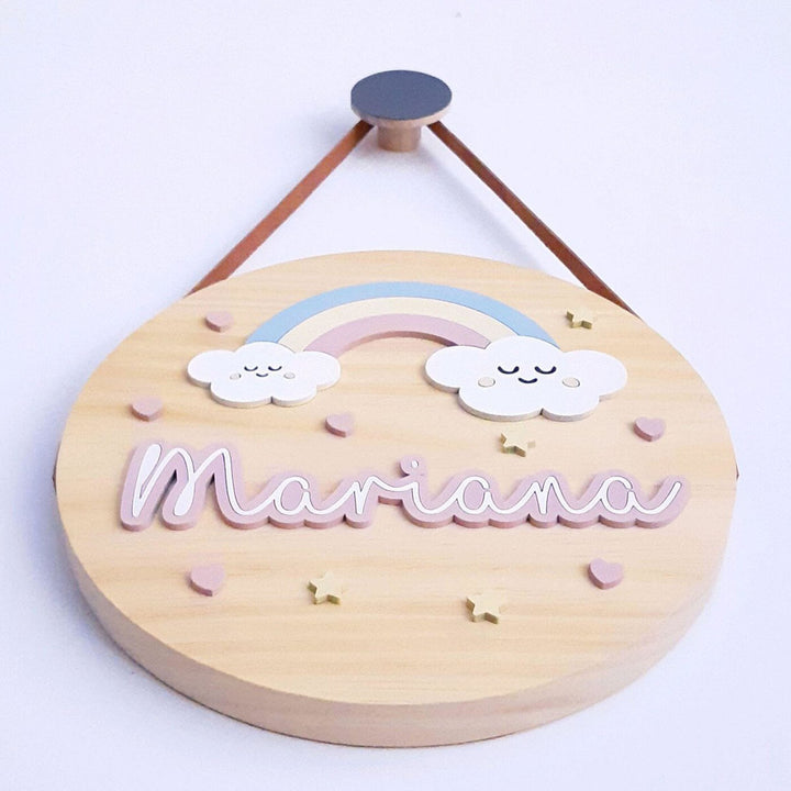 Quirky Painted Nameboard For Kids Cute Clouds Rainbow 1 - Front View Hanging on Wall