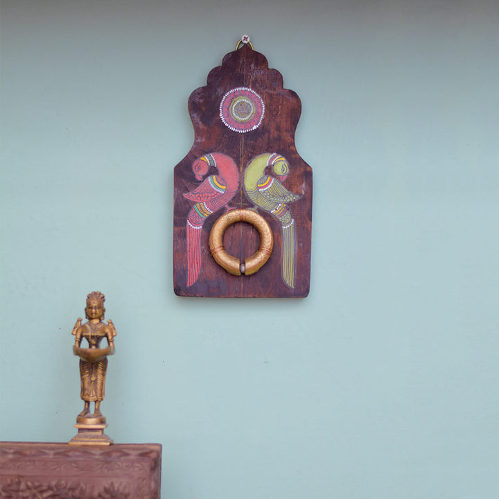 Handpainted Peacock Pattachitra Wooden Wall Art with Brass Ornament - Red Green