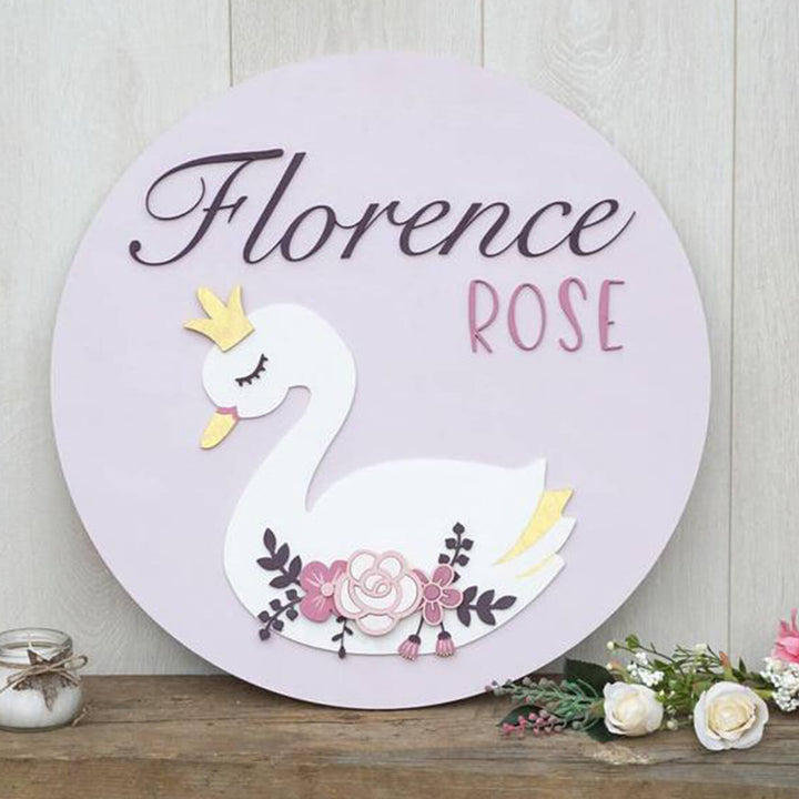 Painted Nameboard For Kids Floral Swan Theme - Front View with Name Personalization
