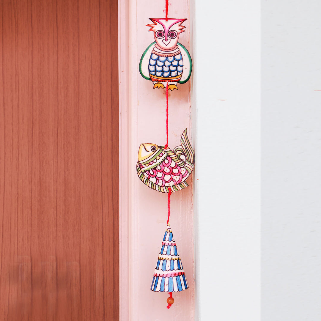 Hand-painted Owl & Fish Tholu Puppet Hanging