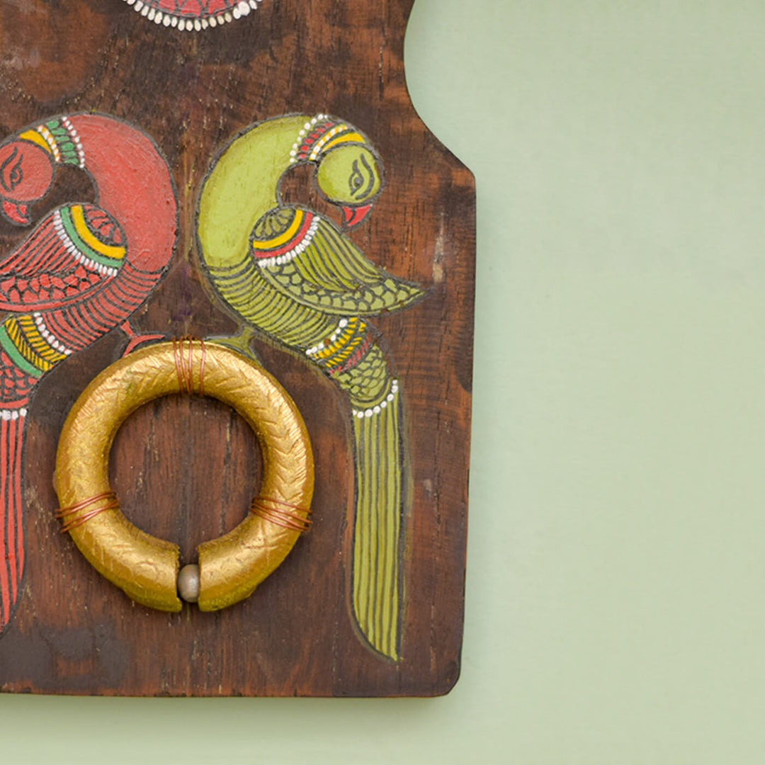 Handpainted Peacock Pattachitra Wooden Wall Art with Brass Ornament - Red Green