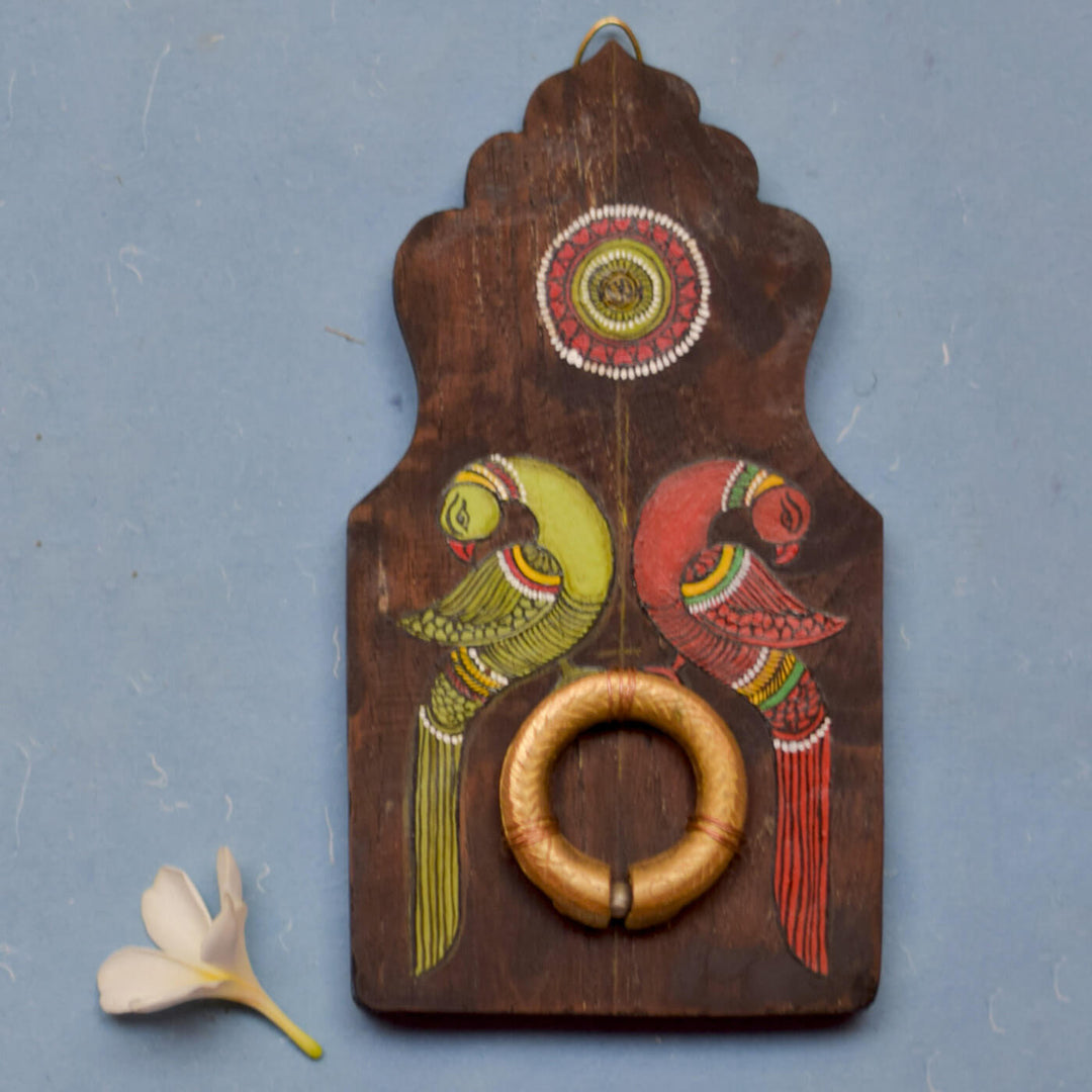 Handpainted Peacock Pattachitra Wooden Wall Art with Brass Ornament - Red Green