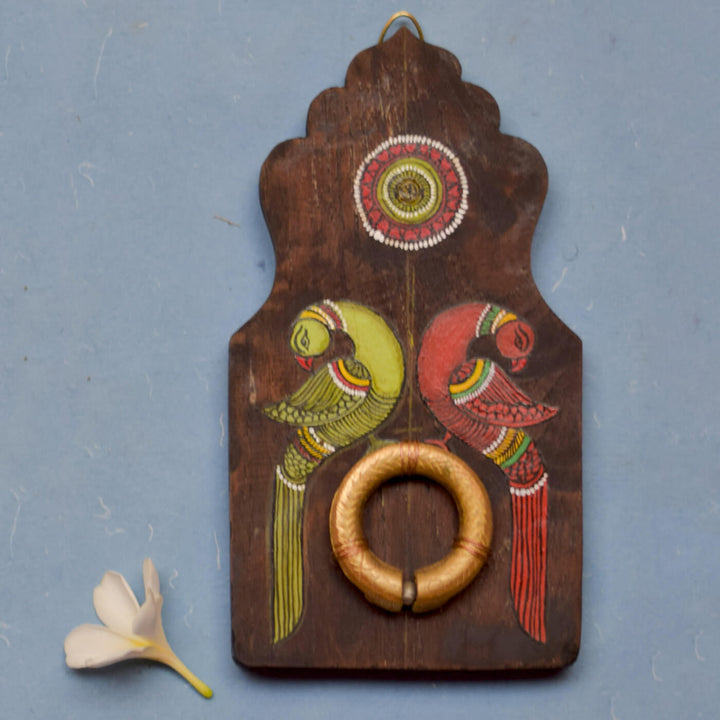 Handpainted Peacock Pattachitra Wooden Wall Art with Brass Ornament - Red Green