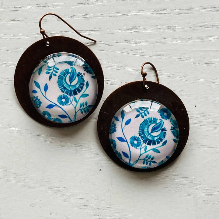 White & Blue Chintz Copper Earrings