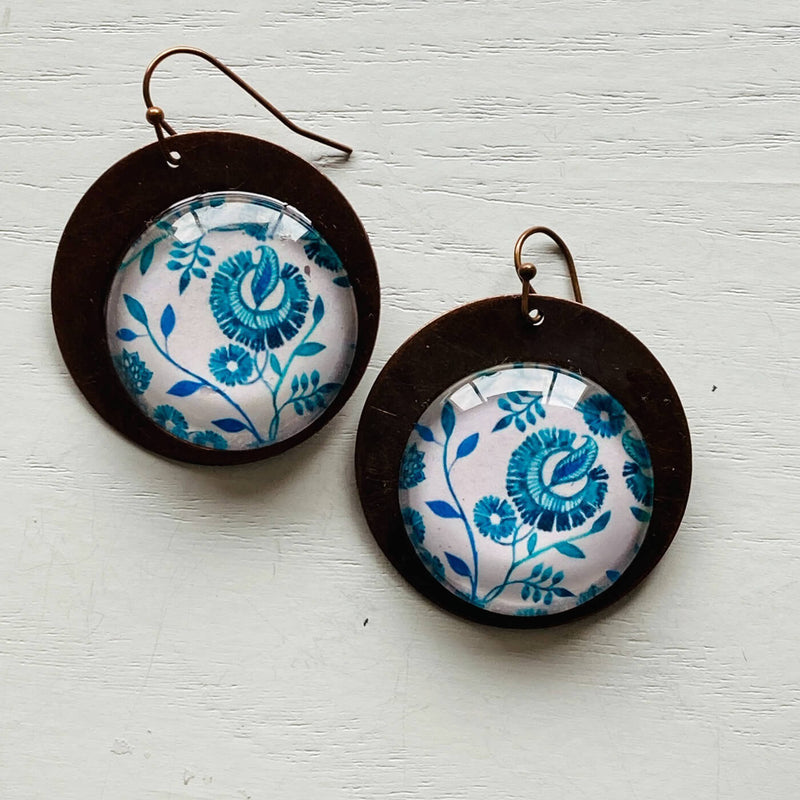 White & Blue Chintz Copper Earrings