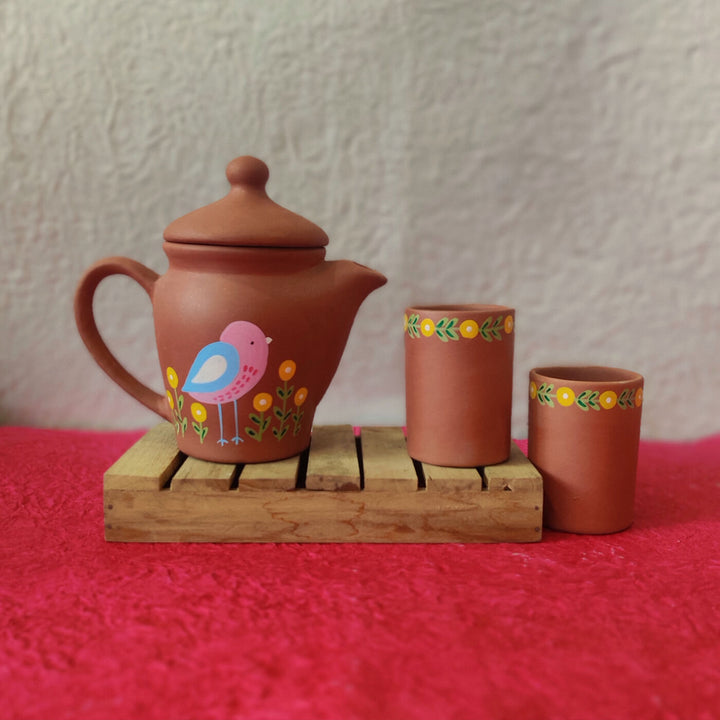 Handpainted Terracotta Clay Jug With Glasses