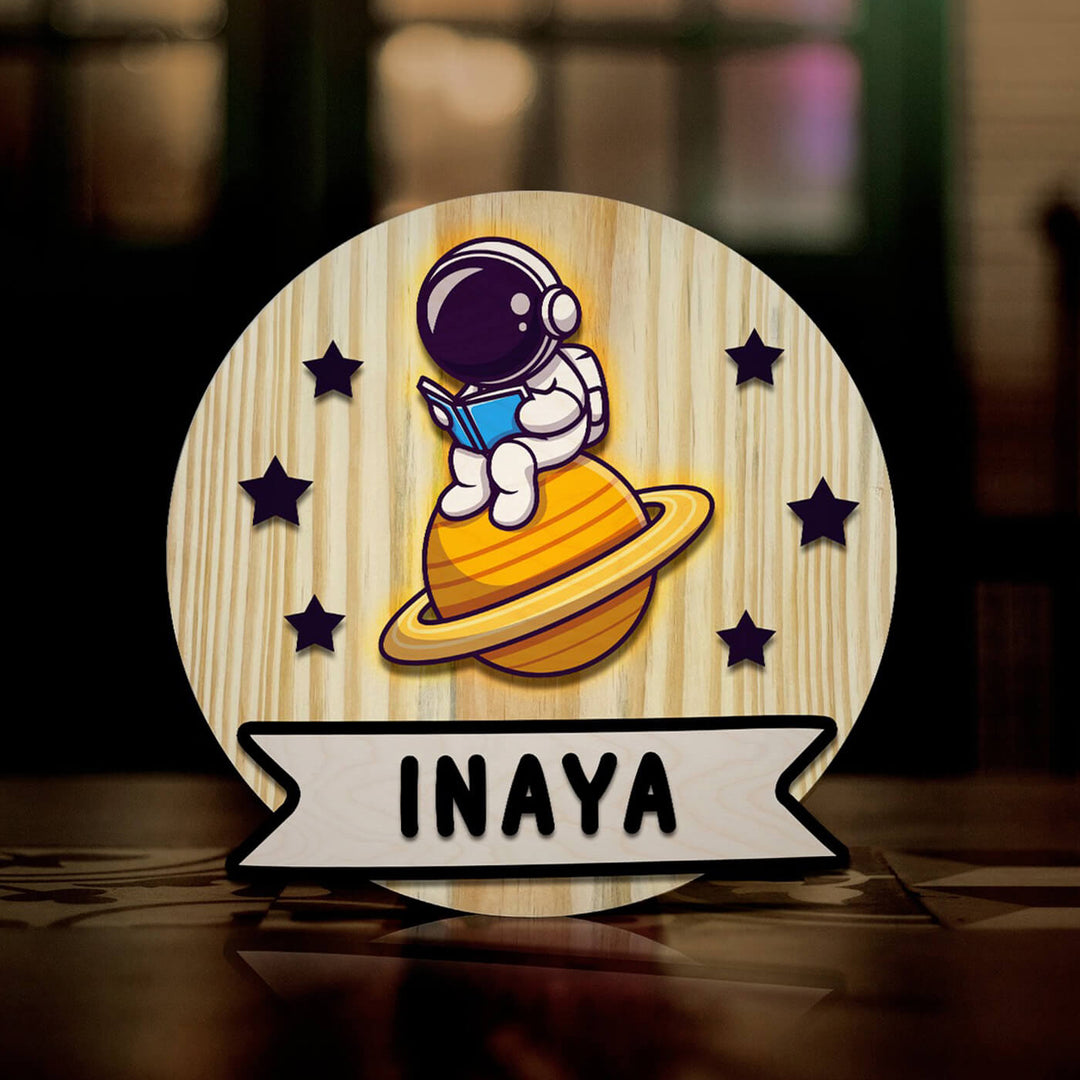 Kids Circular 3D Dino Astronaut Themed Name Plate With Lights - Name Personalization Example Front View