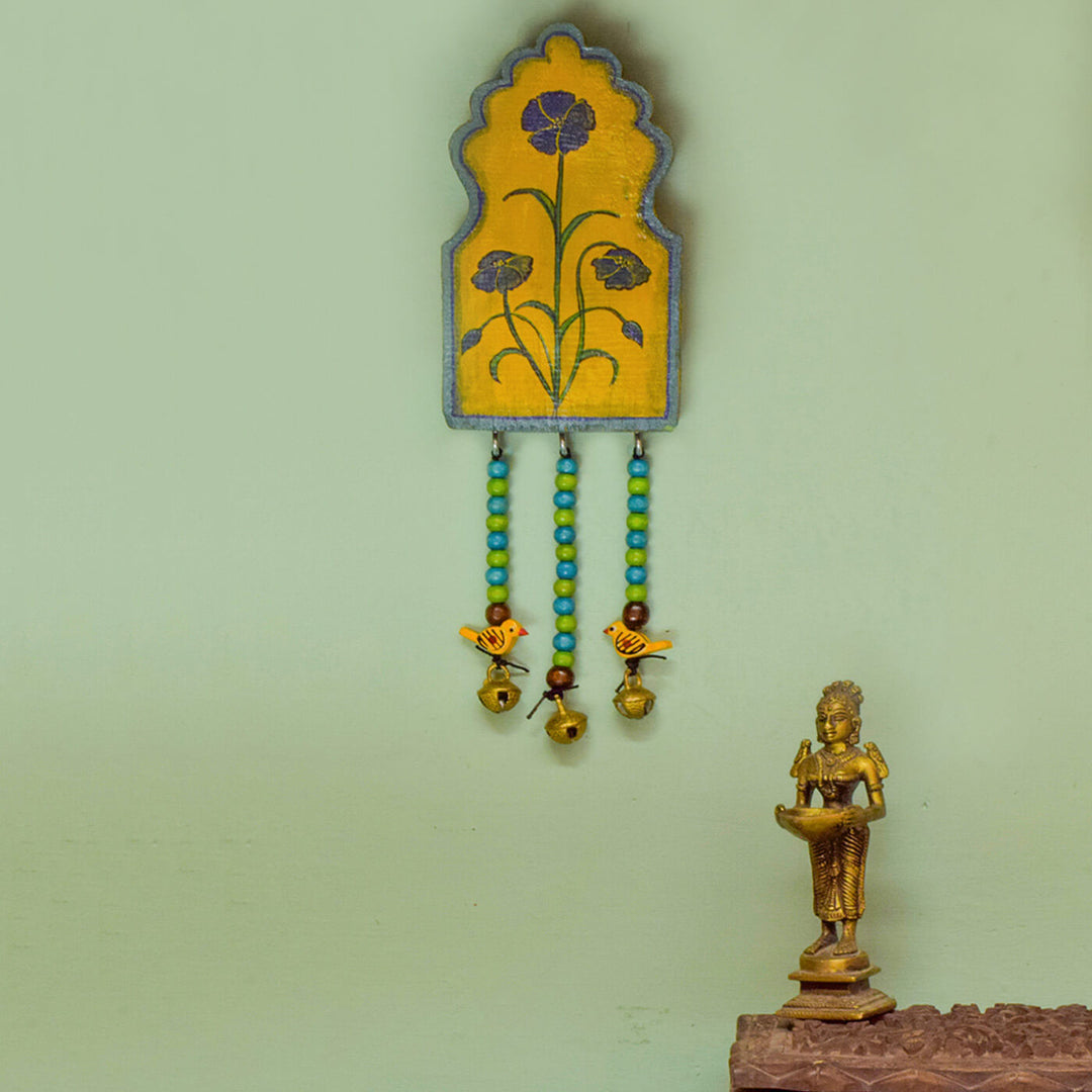 Handpainted Flower Wooden Wall Art with Wooden Beads and Brass Ornament - Blue Yellow