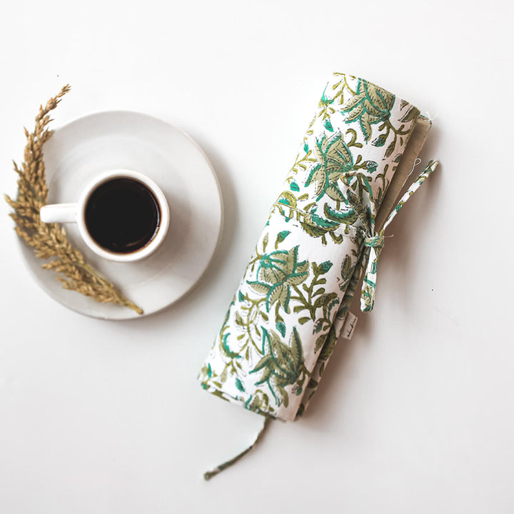 Hand-stitched Cotton Fabric Green Floral Roll Up Case