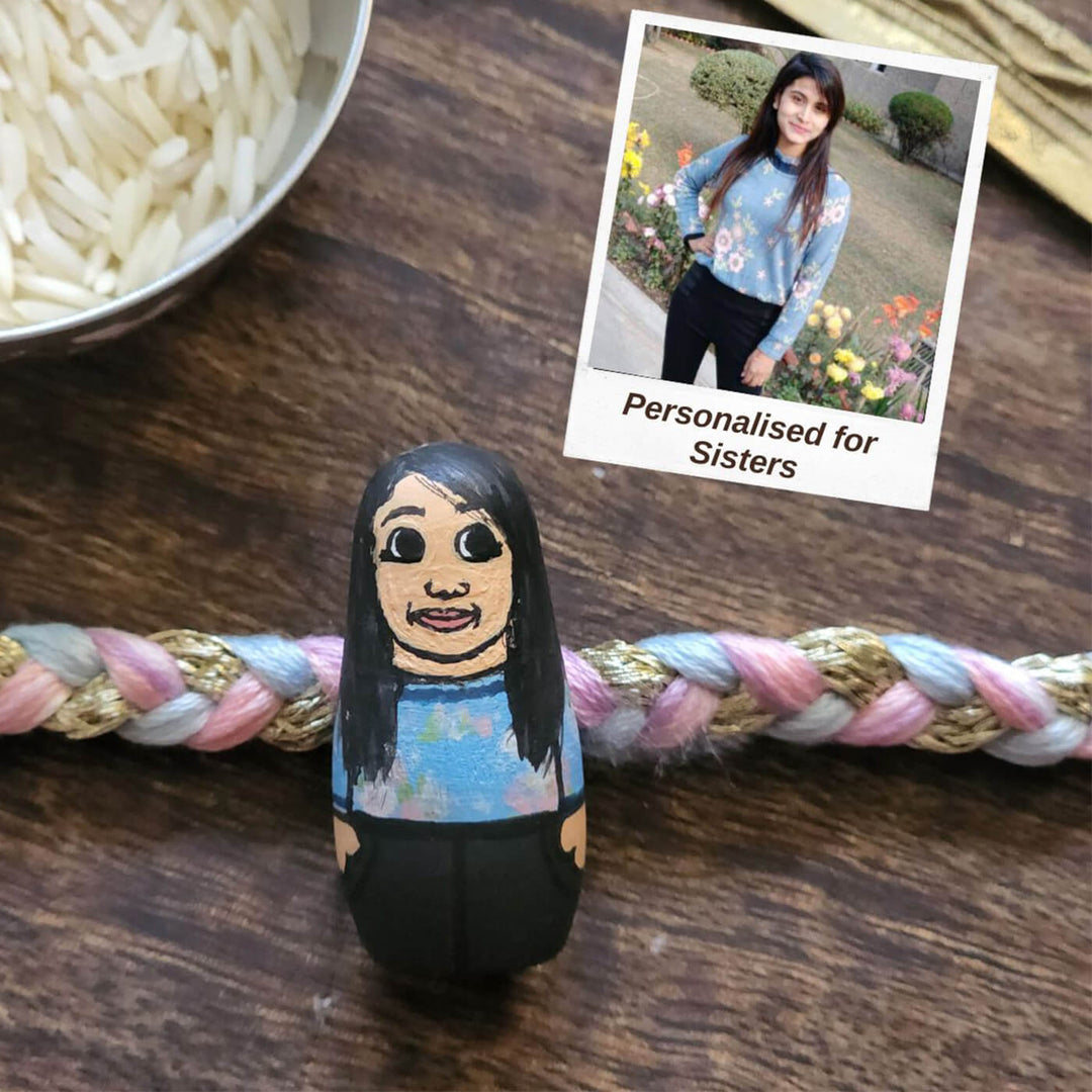 Photo Customized Wooden Character Doll Rakhi with Roli Chawal