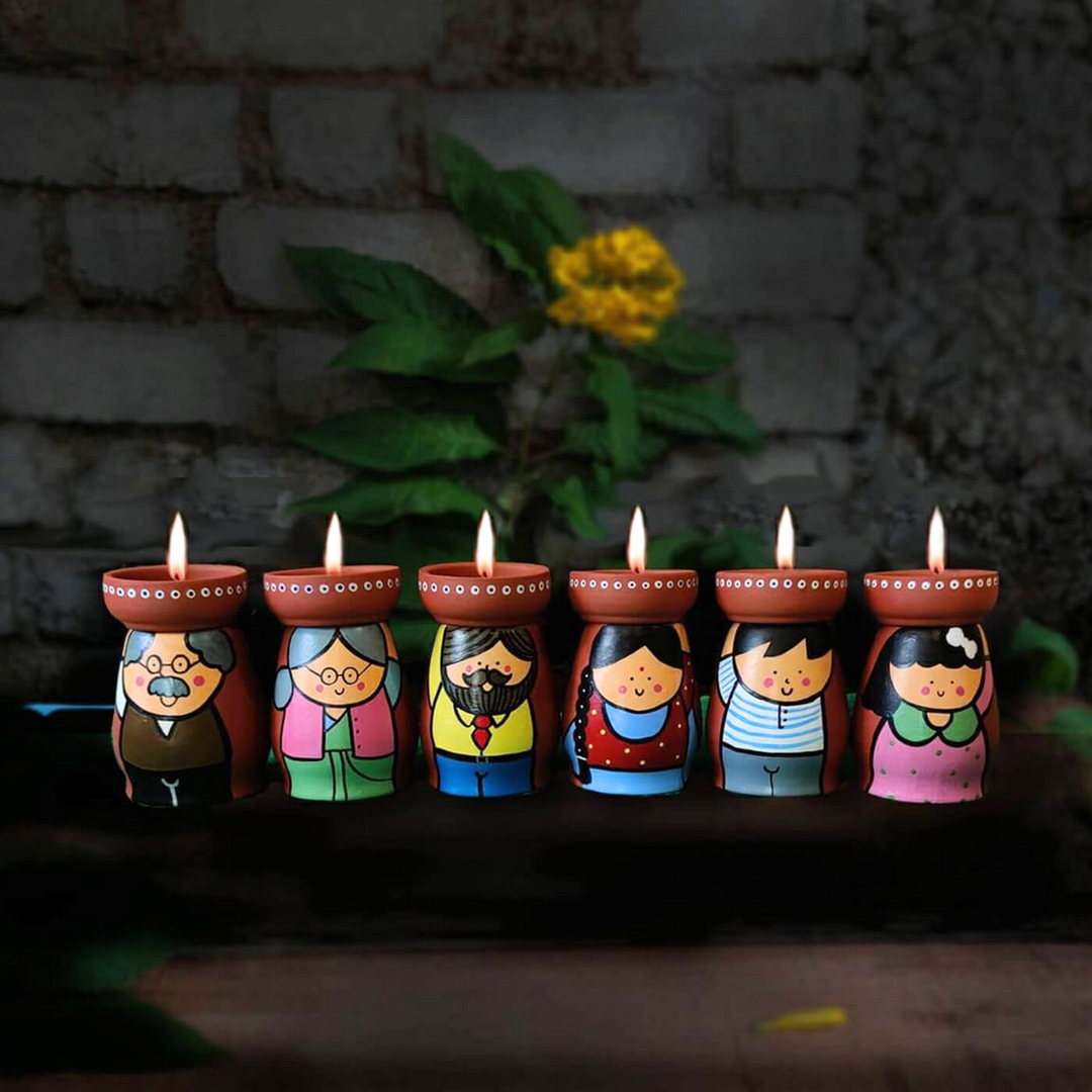Handpainted Terracotta Family Tealight Holders - Set of 6
