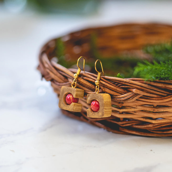 Mini Square Bamboo Earrings - Ruby Red