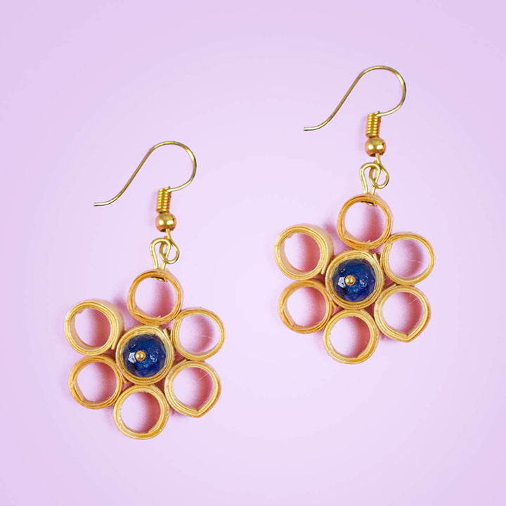 Flower-Shaped Handcrafted Bamboo Earrings with Blue Bead