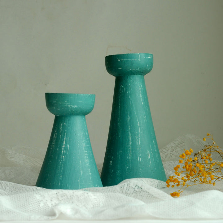 Hand Moulded Pinewood Conical Candle Holders - Set of 2