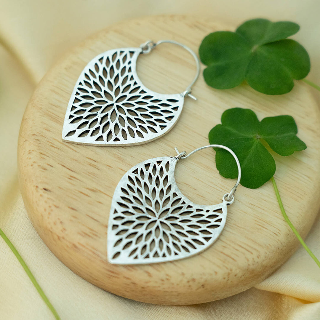 Handmade Brass Modern Hoop Earrings - Leafy Drop Pattern