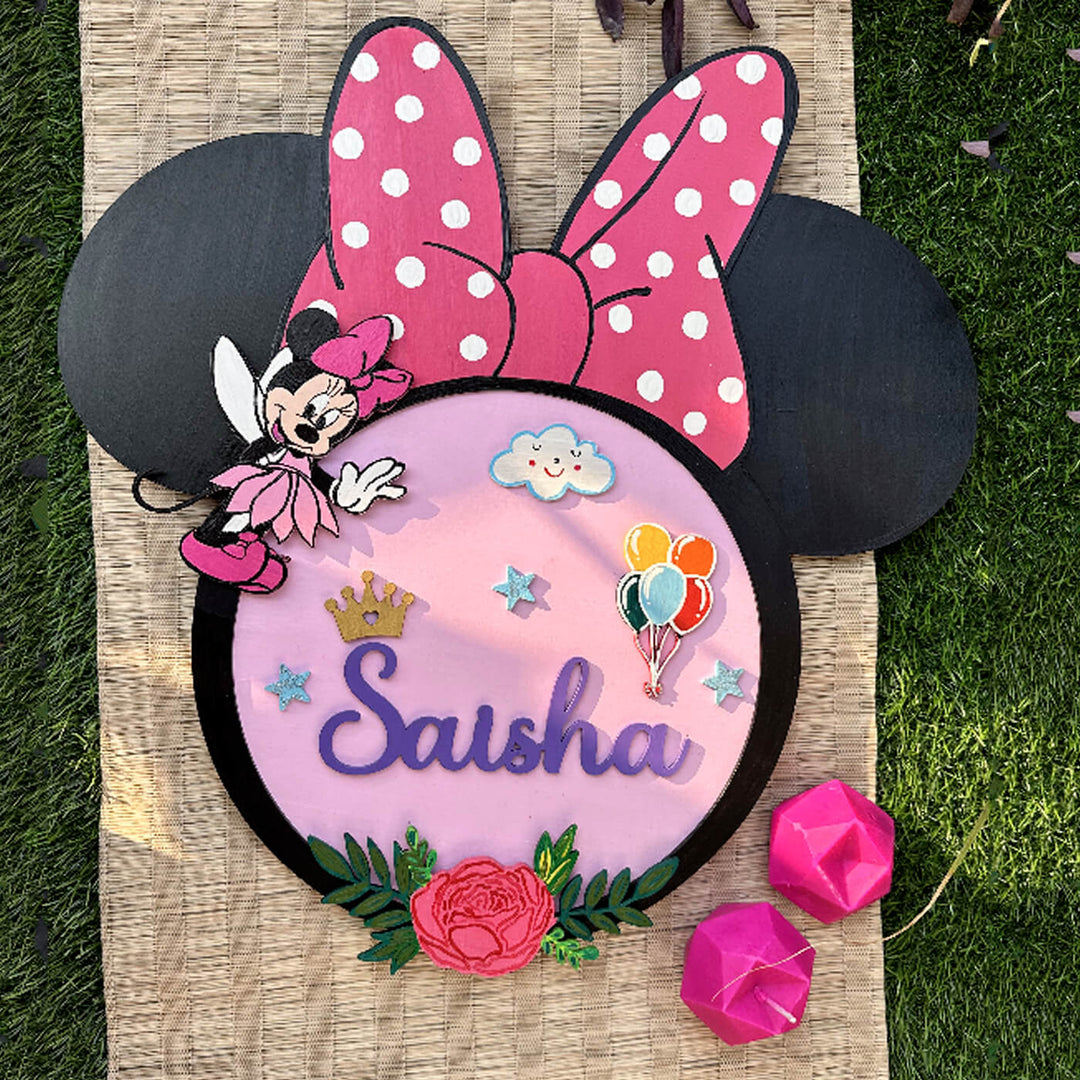 Hand Painted Minnie Mouse Theme Personalised Kids Nameplate