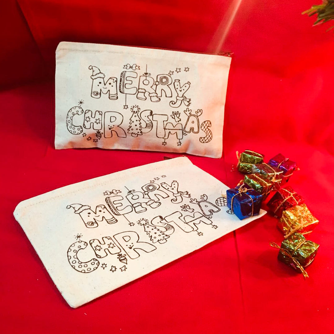 Ready-To-Paint Merry Christmas Print Canvas Pouches | Xmas Gifting Ideas | Set Of 10