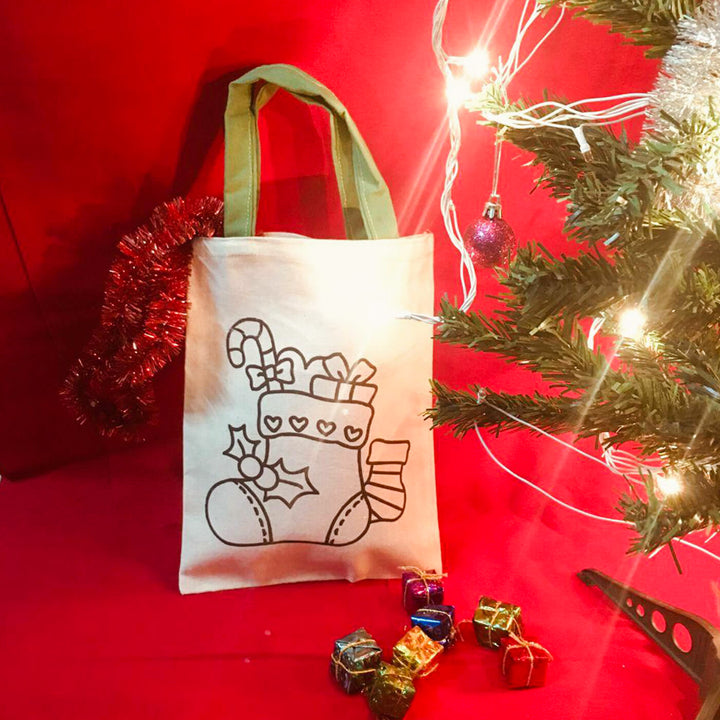 Ready-To-Paint Stocking Print Small Sized Canvas Goodies Bag | Secret Santa Gift Ideas | Set Of 10