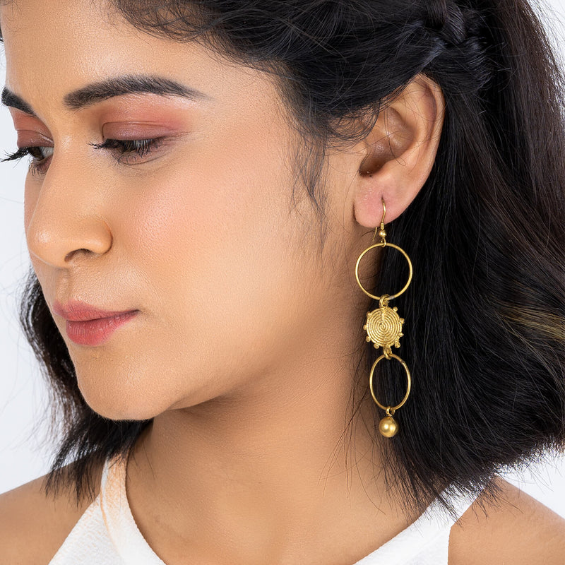 Handcrafted Tri-Ring Gold Tone Earrings