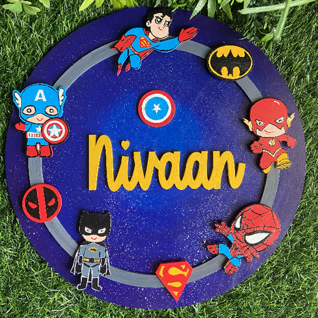Hand Painted Superhero Theme Personalised Kids Name Plate - Top View Name Personalization Example
