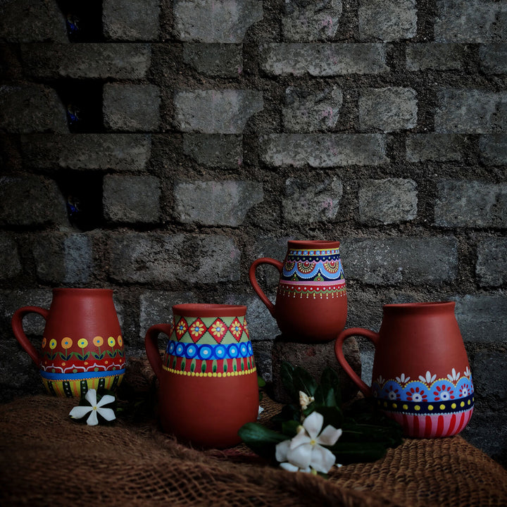 Handpainted Clay Ornate Design Mugs | Set of 4