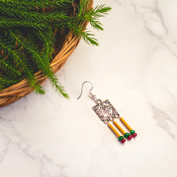 Small Square Bamboo Earrings - Green & Red