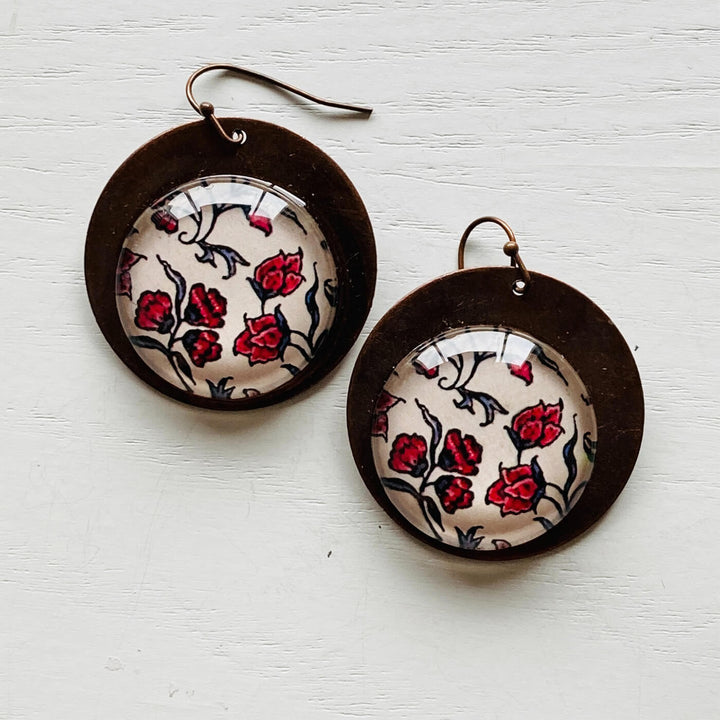 White & Red Poppy Copper Earrings