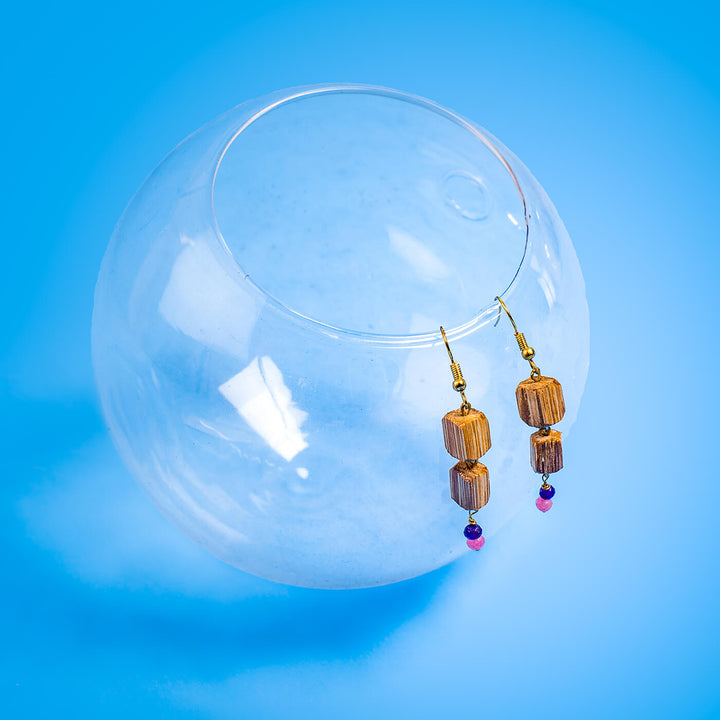 Double Square Bamboo Earrings - Blue & Pink