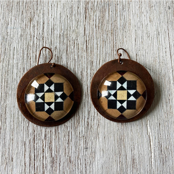 Brown Minton Tile Copper Earrings - Geometeric