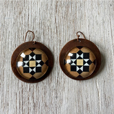 Brown Minton Tile Copper Earrings - Geometeric