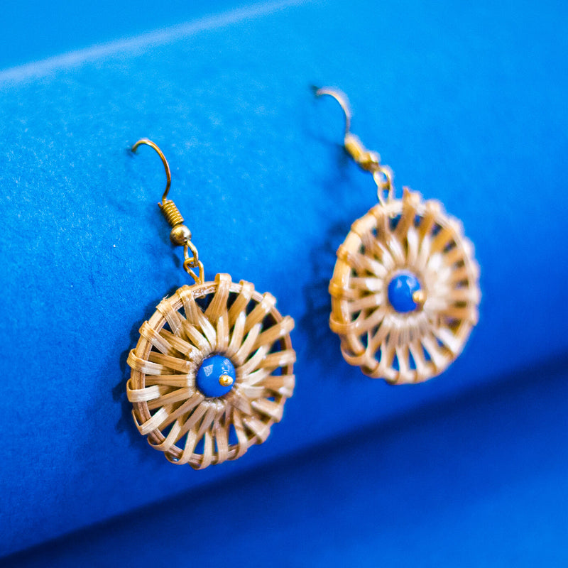 Small Weaved Round Bamboo Earrings - Blue