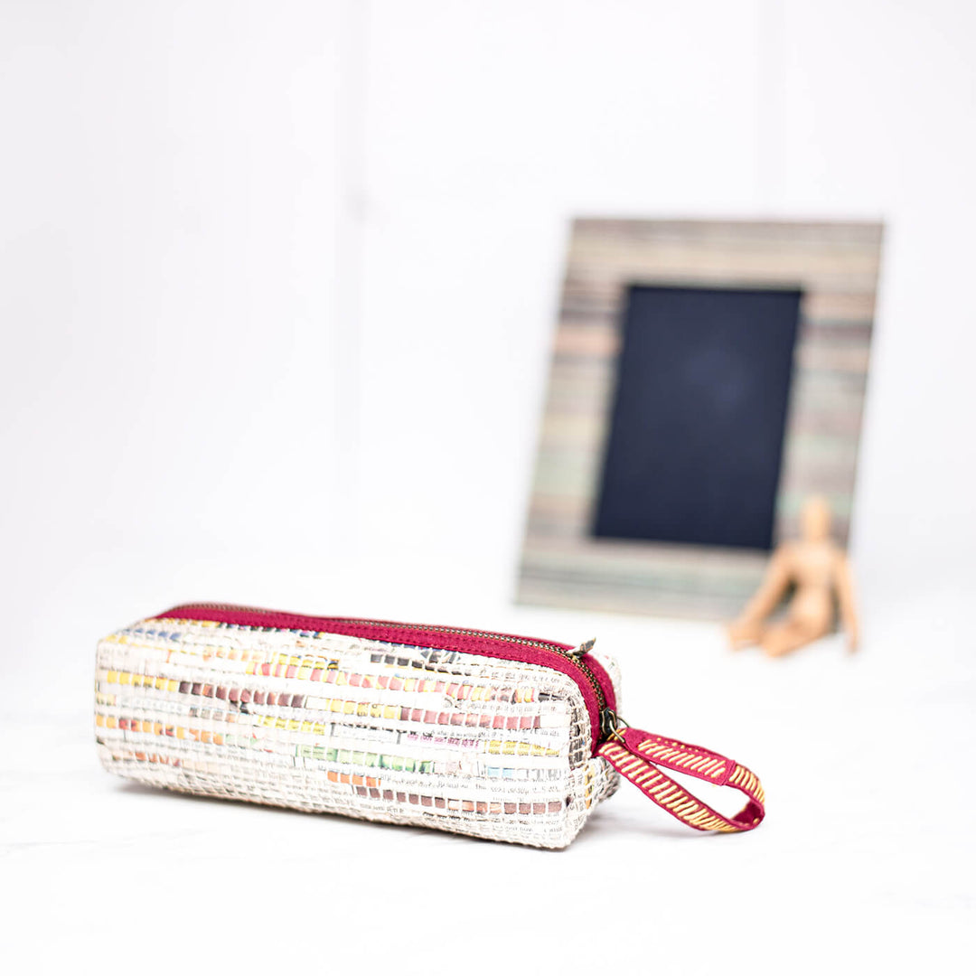 Handwoven Newspaper Pencil Pouch - Red