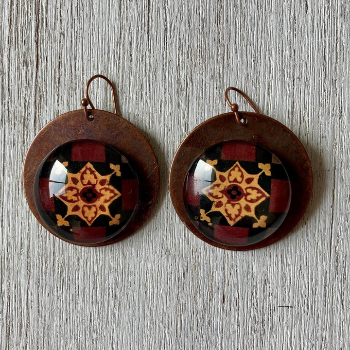 Black Minton Tile Copper Earrings - Flower
