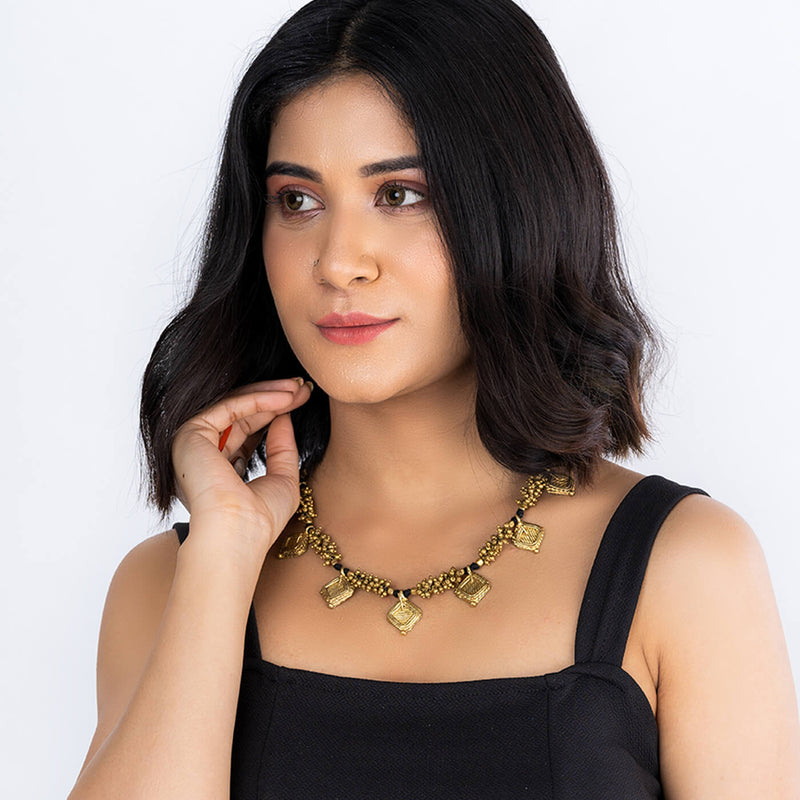 Contemporary Handmade Square Dhokra Coated Choker