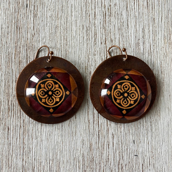 Brown Minton Tile Copper Earrings - Flower